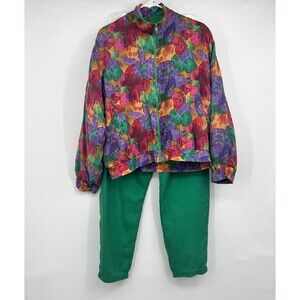 Malcom Flowers Silk Windbreaker Jacket Pant Set 80’s Colorful Floral